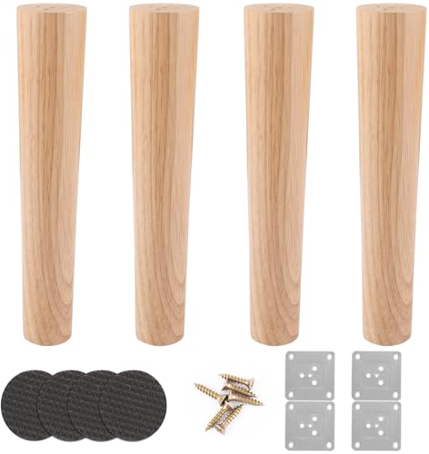AKOLAFE 4 Stück Möbelfüße Holz 25cm Eiche Tischbeine Holz Robuste Möbelbeine Rund holzbeine mit Montageplatten und Schrauben Schwerlaste Möbelfuß Holz für Bett, Schrank, Stuhl, Tisch