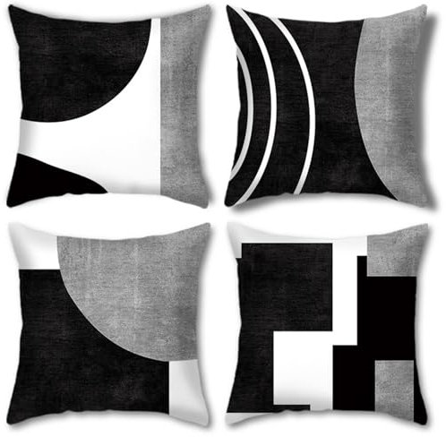 Cubiertas de Cojines en y Negro, 4 Piezas abstractas Cubiertas de Cojines geométricos de 45x45 cm/18x18 Pulgadas, Almohadas Decorativas con Cremallera, Cubiertas de Cojines en y Negro