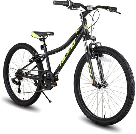 Hiland 24 Inch Kids Bike, 7 speed Kids Mountain Bike, Youth Boys Girls Mountain Bicycle with Suspension Fork V-brake, Black