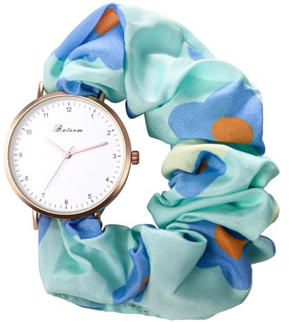 JewelryWe Damenuhr Elastisch Haarband Uhr: Damen Blau Blumen Floral Analog Quarz Armbanduhr Multifunktionale Lässige Uhr mit Haargummi Stretch Armband Geschenk für Frau Mädchen