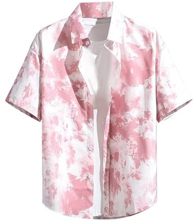 Chemise pour homme - Manches courtes - Motif floral - Col montant - Décontractée - Légère - Grande taille - Loisirs - Chemise hawaïenne - Vacances - Décontractée - Chemise de plage - Sans plis, Rose,