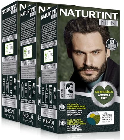 Naturtint Men | Coloración Permanente Sin Amoniaco Especial Hombres | 100% Cobertura de Canas | Color Natural y Duradero | Ingredientes Naturales | 3N Castaño Oscuro | Pack de 3