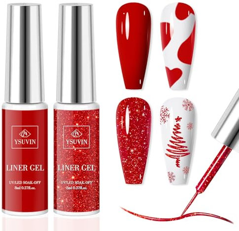 Yueshop Gel Nail Polish - 2pcs*8ml Red & Glitter, French Manicure Gel Nail Art Set, Sparkling Liner Gel Polish DIY Nail Salon