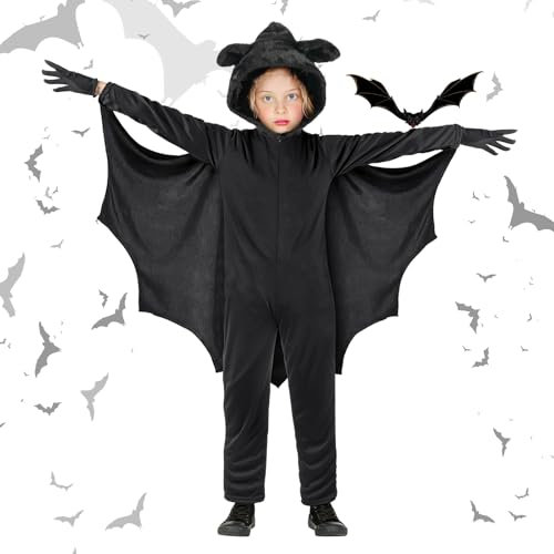 Aomig Costume de Chauve Souris pour Enfant, Déguisement Chauve Souris Noir Cape Chauve-Souris, Combinaison de Chauve Souris pour Halloween, Cosplay Costumes de Carnaval Cape Ailes de Chauve-Souris(L)