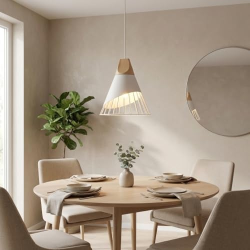 ALPINALUZ Lámpara Colgante Madera y Metal Blanca Estilo Nórdico Moderno, Lámpara Techo Industrial Vintage Minimalista para Comedor, Isla de Cocina, Dormitorio, Escalera, Mesita de Noche, E27 Ajustable