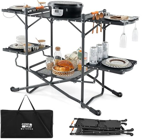 COSTWAY Camping Kitchen Table, Folding Outdoor Cooking Station with 4 Side Tables, Storage Rack, Heat-Resistant Aluminum Tabletop and Carry Bag, Portable Family Camp Table for Picnic BBQ Traveling