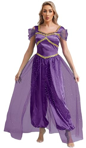 iiniim Damen Bauchtanz Kostüm Glitzer Body Overall Arabische Prinzessin Kostüm Bauchtänzerin Indische Tanzkleidung Halloween Karneval Partykleid Dunkel Lila XXL