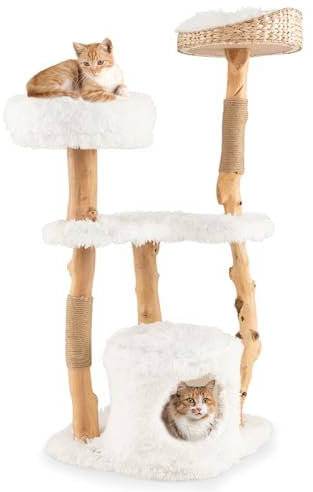 FANTASK Kratzbaum mit Katzenhöhle & Plüschsitzfläche & Sitzplattform, Katzenturm mit Kratzpfosten aus Jute, Katzenmöbel Massivholz