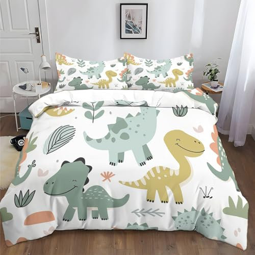 Copripiumino 150x200 cm Dinosauro Carino Cartone Animato Bianco Set Biancheria da letto in Policotone con Copripiumone e 2 Federe 50x80 cm, Morbido, Facile da Pulire, Adatto a tutte le stagioni