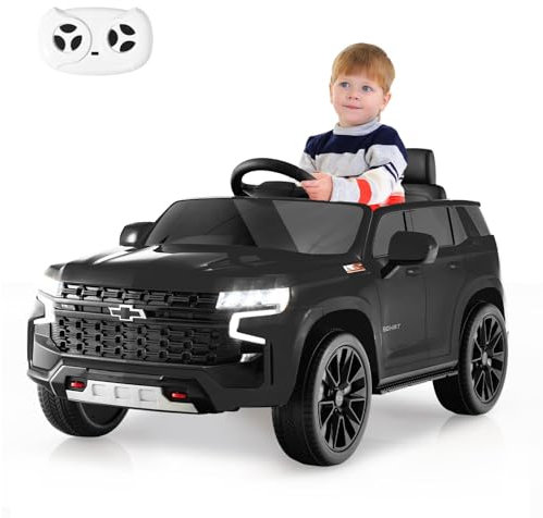 GOPLUS 12V Elektroauto Chevrolet, Kinderauto SUV mit Lichtern, 2,4 G-Fernbedienung, Musik & drahtloser Verbindung, Elektrofahrzeug für Kinder ab 3 Jahren (Schwarz)