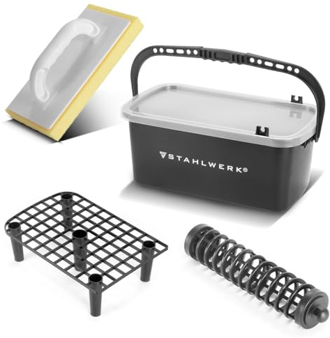STAHLWERK Juego de lavado de azulejos, juego de lavado de 4 piezas, juego de lavado profesional para azulejos con cubo de 12 litros, tabla de lavado de azulejos, tabla de rallador, limpieza de
