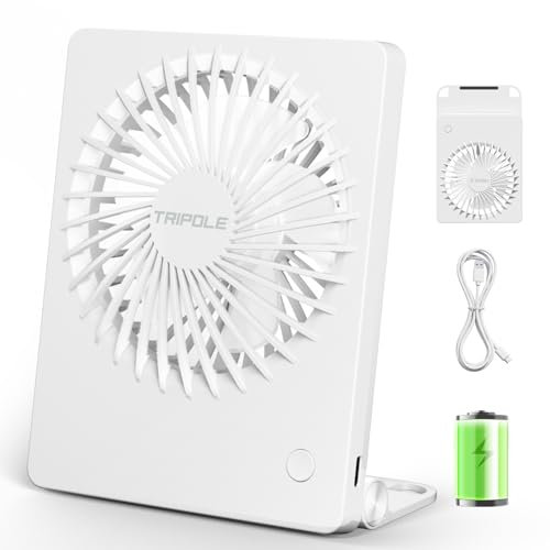 TriPole Desk Fan Battery Operated 180°Tilt Foldable Portable Fans, 3 Speeds Adjustable USB Rechargeable Table Fan, Ultra Thin Mini Fan for Home Office Travel Outdoor Gifts for Women Men, White