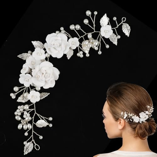 23cm Stirnband Braut Haarranke, Blumen Blatt Brautschmuck, Silber Reben Stirnband, mit Perlen, Strass, Haarschmuck Hochzeit, Brautschmuck Haare Perlen Blumen, für Bräute, Mädchen