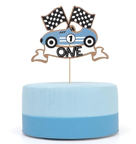 Racing 1st Birthday Cake Topper - Fast One Birthday Decorations,Little Racer Smash Cake Photo Prop,Vintage Blue Race Car Cake Topper,One Fast Racing Party Decorations