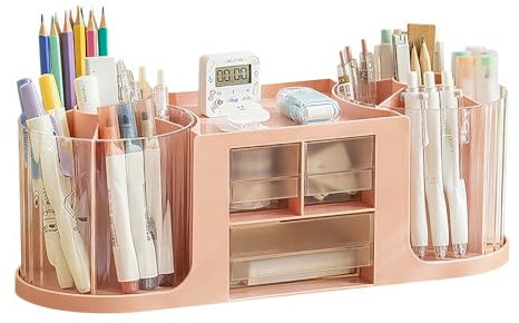 Lvjkes Boîte de rangement pour porte-stylos, Double rotation organiseur de bureau 14 compartiments grande capacité, tiroir transparent, peut contenir des crayons, divers articles de papeterie (rose)