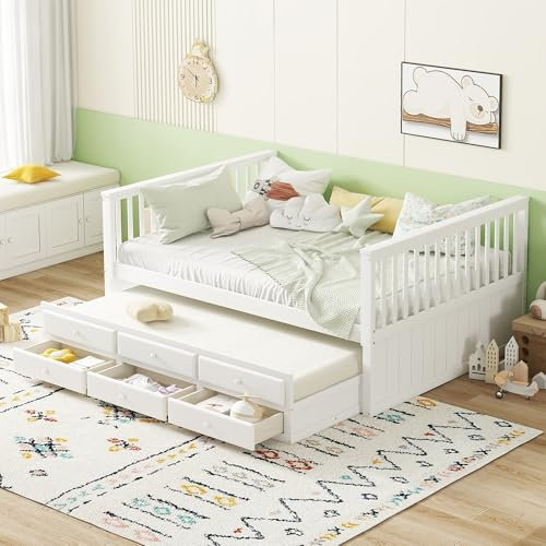 Huayz Schlafsofa 140x200 cm, Tagesbett mit Ausziehbett und 3 Schubladen, Kinderbett Funktionsbett mit Lattenrost, Einzel und Doppelbett, Massivholzbetten Gästebett Jugendbett Sofabett, Weiß