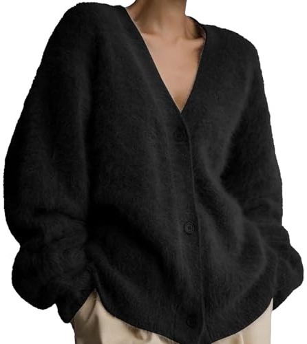 Lockenstab Luxuriöser Kaschmir-Cardigan Für Damen, Flauschiger Strickjacke, Plüsch, V-Ausschnitt, Offene Vorderseite, Knopf, Pullover-Jacken