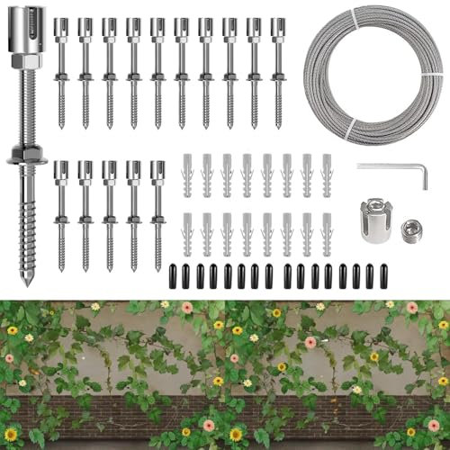 TOOSOAR Rankhilfe aus Edelstahl für Kletterpflanzen,Drahtseile System Kit für Pflanzen(16 Halter, 24m Seil)