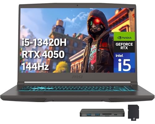 msi Thin 15 15.6 pollici FHD 144Hz Gaming Laptop, Intel i5-13420H, NVIDIA GeForce RTX 4050, 16GB DDR4 RAM, 1TB PCIe SSD, tastiera retroilluminata, Wi-Fi 6E, fotocamera HD, Win 11, grigio, set di