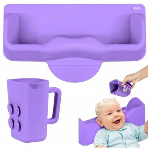 Portable Hair Washing Station for Kids 3 In 1 – Silicone Hair Washing Basin for sink and Teens,Tear-Free Shampoo Bowl with baby bath Rinse Cup & Brush, Neck Support for Kids-Purple