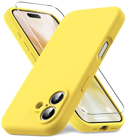 Vansdon Coque pour iPhone 17,Housse Silicone Liquide Mince, Jaune Crème | Doublure Microfibre Anti-Rayures, 1x Film de Protection en Verre Trempé, Protection Antichoc