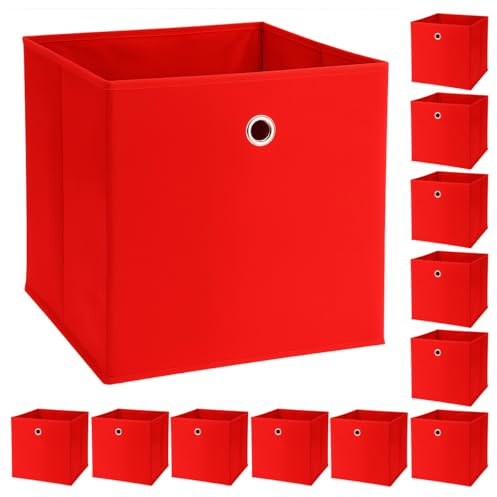 Murago 12er Set Faltbox ca. 30x30x30 cm - Rot - Würfel Aufbewahrungsbox faltbar Aufbewahrungskörbe Dekoration Korb Boxen Wohnzimmer Stoff für Kleidung Büro Klappbox Schlafzimmer Weihnachten