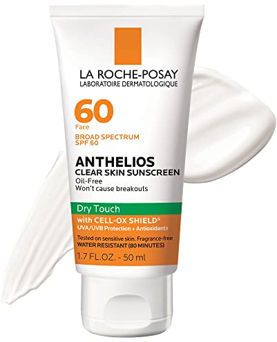 La Roche-Posay Anthelios Clear Skin Sunscreen Dry Touch SPF 60, Oil Free Sunscreen For Face, Oil Absorbing, Broad Spectrum SPF + Antioxidants, Non-Greasy, Oxybenzone Free, Travel Size