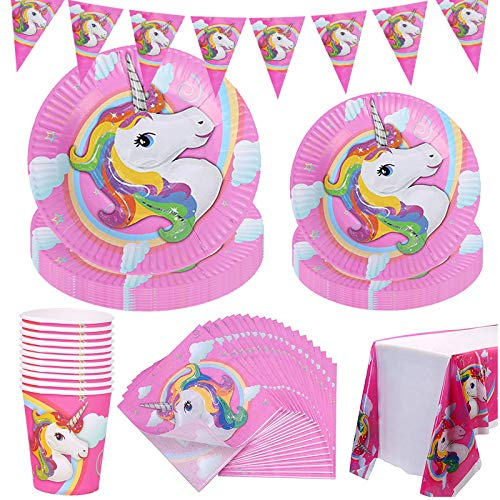 Amycute 82 Pezzi Set Compleanno Unicorno - Piatti, Tovaglioli, Tovaglie, Bicchieri di Carta per Decorazioni Bambina