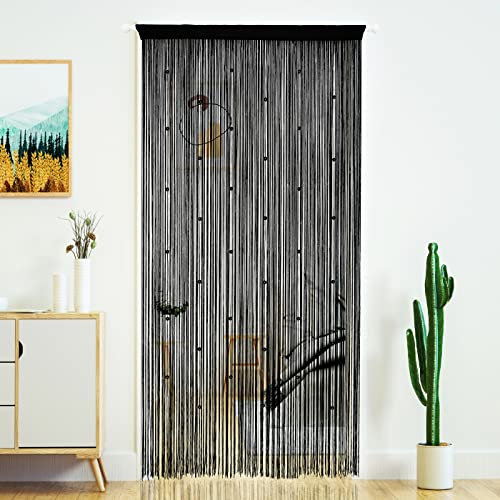 YaoYue Beaded Curtain Door String Curtains for Doorway Tassels Beads Hanging Fringe Hippie Room Divider Window Hallway Entrance Wall Closet Bedroom Privacy Decor (39×79in/100×200cm, Black)