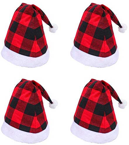Petalum Weihnachtsmütze, Weihnachtsmütze, Plaid, Hut, Santa Claus, Motiv: Buffalo, kariert, Merry Xmas, Cosplay, Dekoration, Geschenk, Partyzubehör (Set mit 4 Stück)