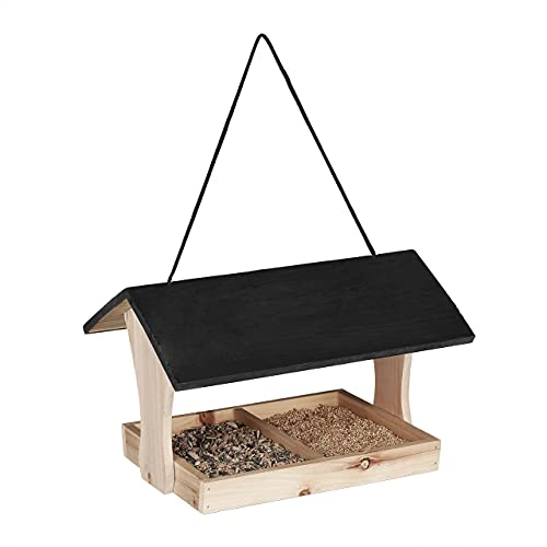 Relaxdays Vogelfutterhaus Holz, hängend, groß, Garten, Vogelfutterspender Kleinvögel, HxBxT 22,5 x 36 x 26,5 cm, schwarz