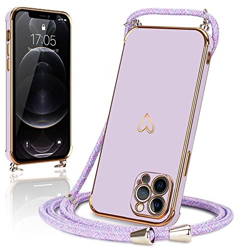 Micoden Handykette kompatibel mit iPhone 12 Pro Max Hülle Ultra dünn Kameraschutz Herz Love Design Galvanik TPU Silikon Bumper Kordel zum Umhängen Handyhülle mit Band Schutzhülle,Lila