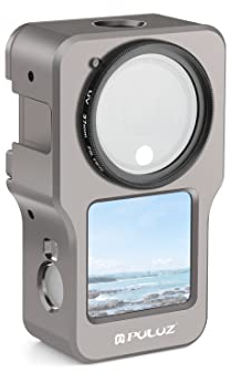 PULUZ Vlogging Kamera-Rahmen für DJI Action 2, 1/4-Zoll-Gewindebohrung, Draht-verbindbare Aluminiumlegierung, Rückseite der Tür, Gehäuse mit 37 mm UV-Filter für DJI Action 2 (Schwarz) (Titanienfarbe)