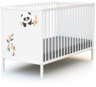 WEBABY - Babybett holz 60x120 Panda Weiß ALBA| 124 x 64,5 x 82 cm | Holzbett 100% massive Buche | Verstellbarer Lattenrost in 3 Höhen