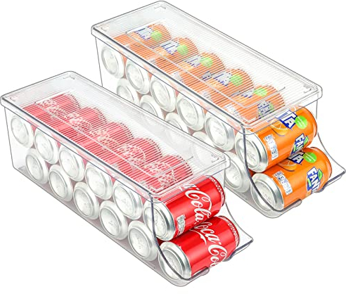 Puricon 2 Stück Dosenhalter Kühlschrank Organizer mit Deckel für Dosengetränke, Stapelbar Kunststoff Dosen Can Holder Container Getränke Aufbewahrungbox Küchen Storage BPA Frei -Standard Can