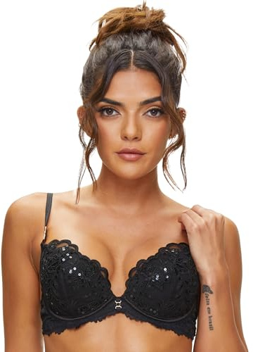 Ann Summers The Icon Padded Plunge Bra – Flattering Women's Underwear with Lace, Sequins & Gold Details, Cup Sizes A-G – Supportive Womens Lingerie with Wide Adjustable Straps & Cleavage-Boosting Fit