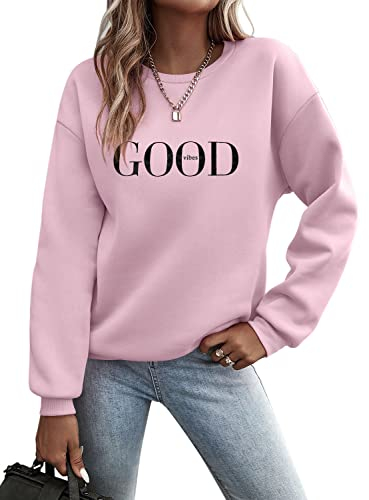 Minetom Pullover Damen Sweatshirt Briefe Drucken Langarm Rundhals Pulli Herbst Winter Frauen Buchstaben Druck Locker Casual Oberteil Sport Streetwear Sweatshirts ohne Kapuze Bluse Tops A Rosa M