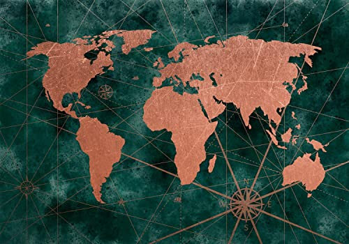 decomonkey Premium Fototapete Weltkarte Abstrakt 350x256 cm XXL Design Tapete Fototapeten Tapeten Wandtapete moderne Wand Schlafzimmer Wohnzimmer Flur Welt Kontinente Kupfer Grün Türkis Braun