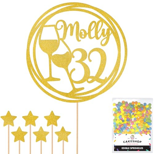 Personalised Wine Glasses Glitter Cake Topper - Gold Custom Age Glitter Cake Decoration and Sprinkles - Happy Birthday Decorations - Personalised Toppers for Cakes by Cakeshop
