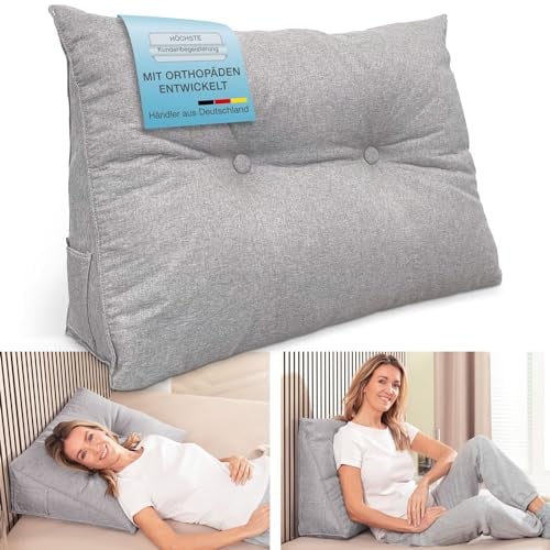 ELONEO Rückenkissen 70 cm breit, Keilkissen für Bett und Sofa geeignet, dreieckiges Lesekissen, Kissen mit abnehmbarem und waschbarem Bezug, mit praktischem Seitenfach