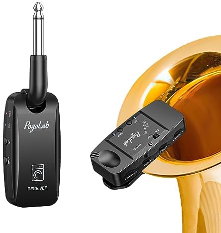 POGOLAB UHF Kabelloses Saxophon-Mikrofonsystem Drahtloses Sender Empfänger, Clip-on Musikinstrumente Mikrofon, Bluetooth-Begleitung, 5 Arbeitsstunden/4 Kanäle/164 Fuß, für Alto Baritone Tenor Sax
