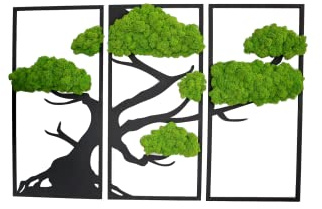 Hello Moss Wanddeko Moosbilder Triptychon in Form Eines Bonsai-Baumes - Schön Aussehender Wand Baum - Wandbild aus Natürlichen Rohstoffen und Deko Moos (natürlich Kiefer-mittelgrün, 24x50cm)