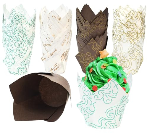 ADERTOS 200 Stück Muffinformen Papier Muffinförmchen Muffin Förmchen 4 Farben Backförmchen Tulpen Motiv Muffinformen Cupcake Backbecher Papierförmchen Cupcake Wrapper für Muffin Hochzeit Party