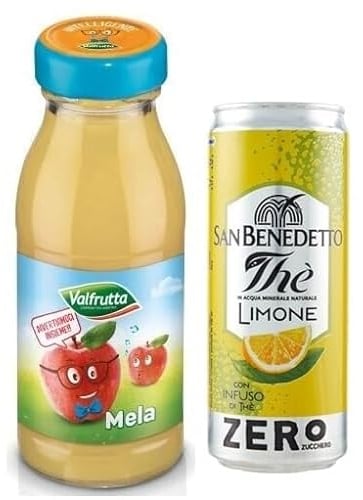 Valfrutta Succhi di Frutta Mela Lot de 48 bouteilles jetables en verre 100 % jus de fruits avec pomme italienne, boisson sans alcool, 125 ml + 1 boîte de thé glacé San Benedetto au citron sans sucre