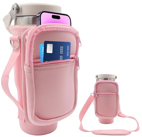 for Stanley Iceflow Flip Straw Tumbler 30 oz, Water Bottle Cup Holder Cover Carrier Sling Bag with Strap, Pouch Pocket for Phone / Accessories, add Handle for Stanley Flip Straw, Neoprene (Pink)