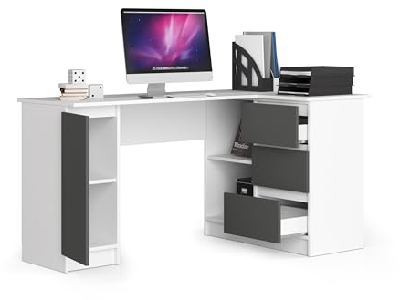 BDW Eckschreibtisch Rechts, 3 Schubladen und 4 Einlegeböden, viel Platz zum Ausbreiten, für Jugendzimmer, Büros und Ateliers, Computertisch, Arbeitstisch, Bürotisch, 155x77x93, Weiss/Grau
