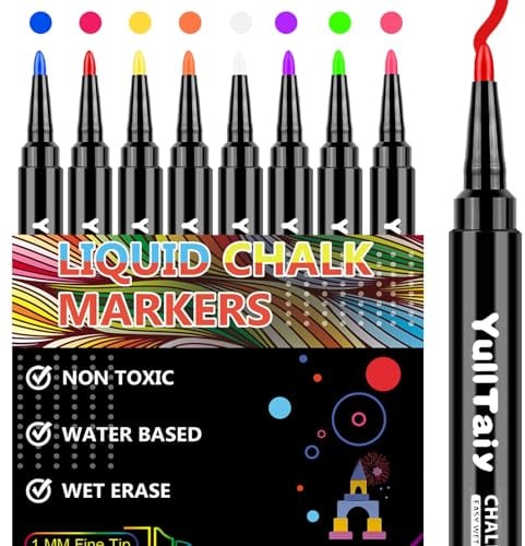 YullTaiy Chalk Markers - Fine Tip Wet Erase Markers, 8 Color Set for Chalkboard, Glass, Mirror