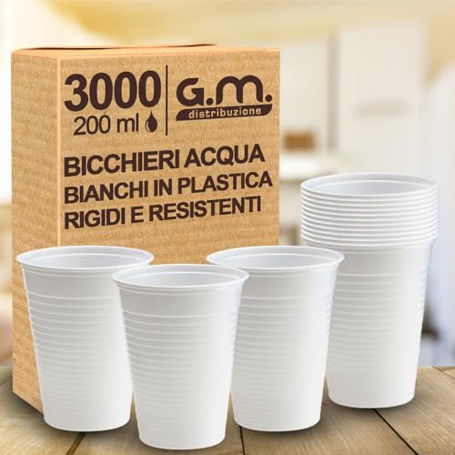 G.M. DISTRIBUZIONE 3000 Pezzi Bicchieri Acqua in Plastica Bianchi da 200 ml, Riciclabili, Extra Rigidi e Super Resistenti, Usa e Getta, Ideale per Casa, Ufficio, Asporto Bevande Fredde