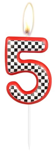 Birthday Cake Number 5 Candle Topper, Red Racing Happy Birthday 5th Cake Toppers, Red Black and White Racing Decorations for Kids Boys Car Theme Birthday Party