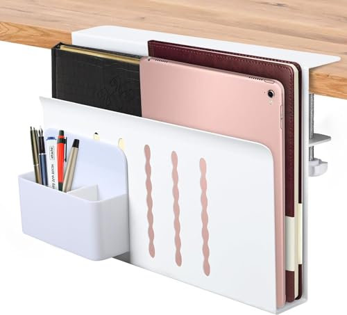 Yuehuamech Minimalist White Desk Organizer with Pen Holder, 5-Compartment, Adjustable, No Drill Clamp On Side Desk Storage Organizer for Office and Home
